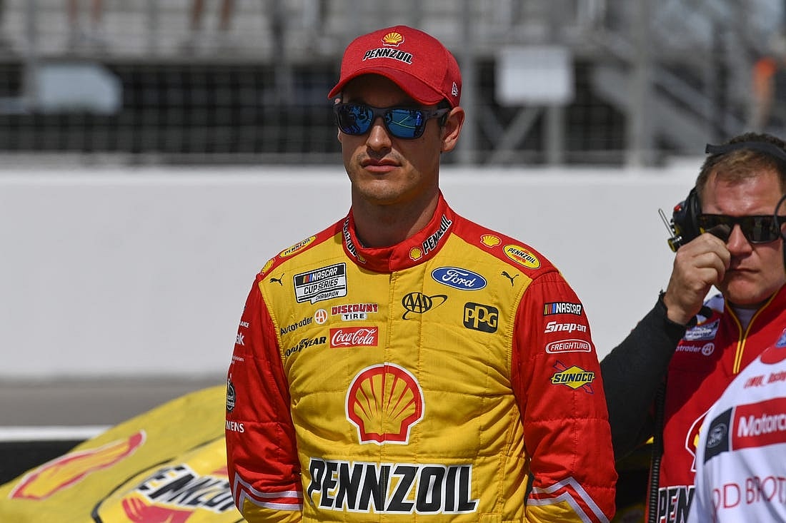 Jun 4, 2022; Madison, Illinois, USA; NASCAR Cup Series driver Joey Logano (22) looks on during Nascar Cup qualifying at World Wide Technology Raceway at Gateway. Mandatory Credit: Joe Puetz-USA TODAY Sports