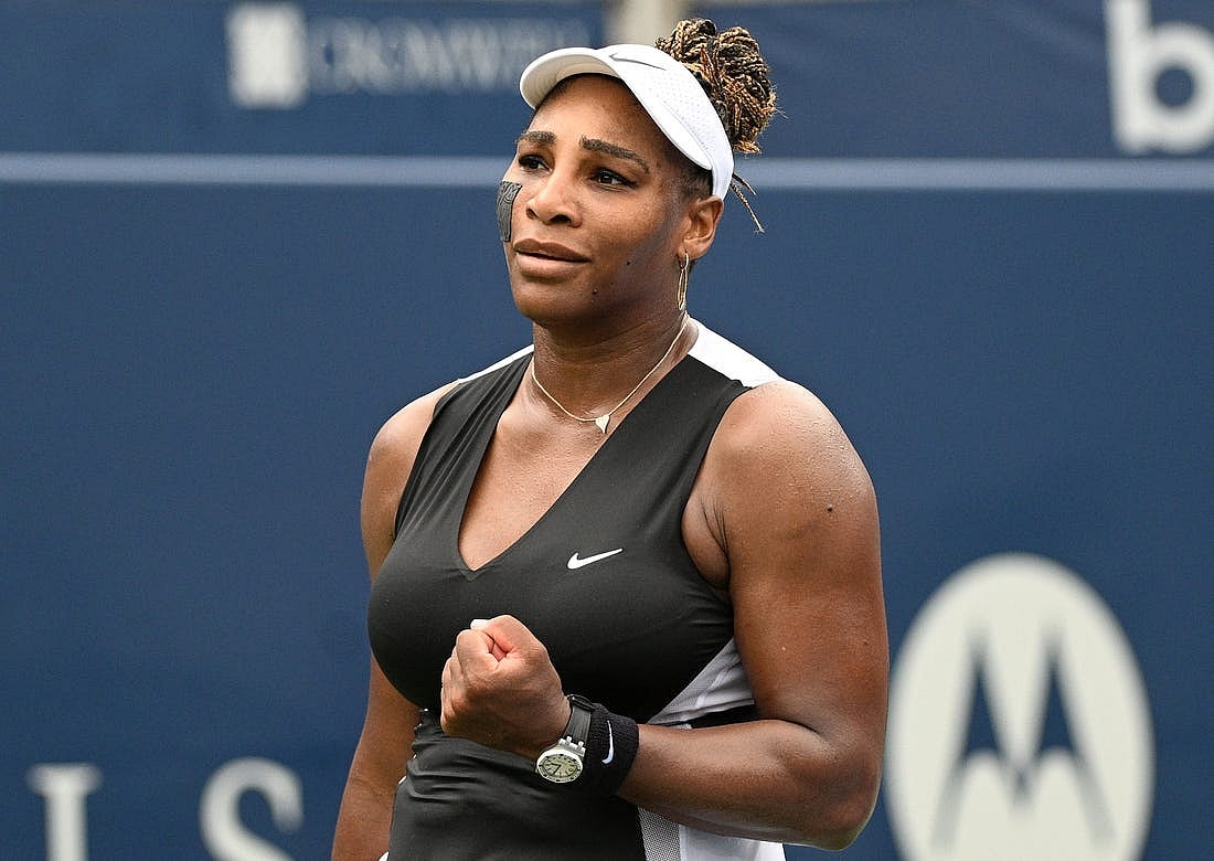 Aug 8, 2022; Toronto, ON, Canada; Serena Williams (USA) reacts after defeating Nuria Parrizas Diaz (ESP) in first round play in the National Bank Open at Sobeys Stadium. Mandatory Credit: Dan Hamilton-USA TODAY Sports