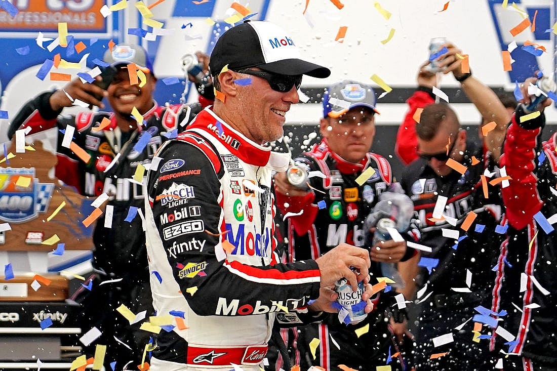 Aug 14, 2022; Richmond, Virginia, USA; NASCAR Cup Series driver Kevin Harvick (4) celebrates winning the Federated Auto Part 400 at Richmond International Raceway. Mandatory Credit: Peter Casey-USA TODAY Sports