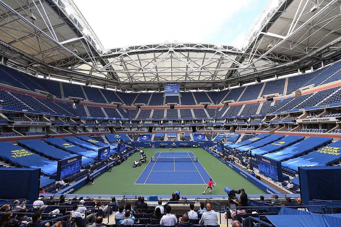 Sep 13, 2020; Flushing Meadows, New York, USA; General view of Arthur Ashe Stadium during the Dominic Thiem of Austria match against Alexander Zverev of Germany in the men