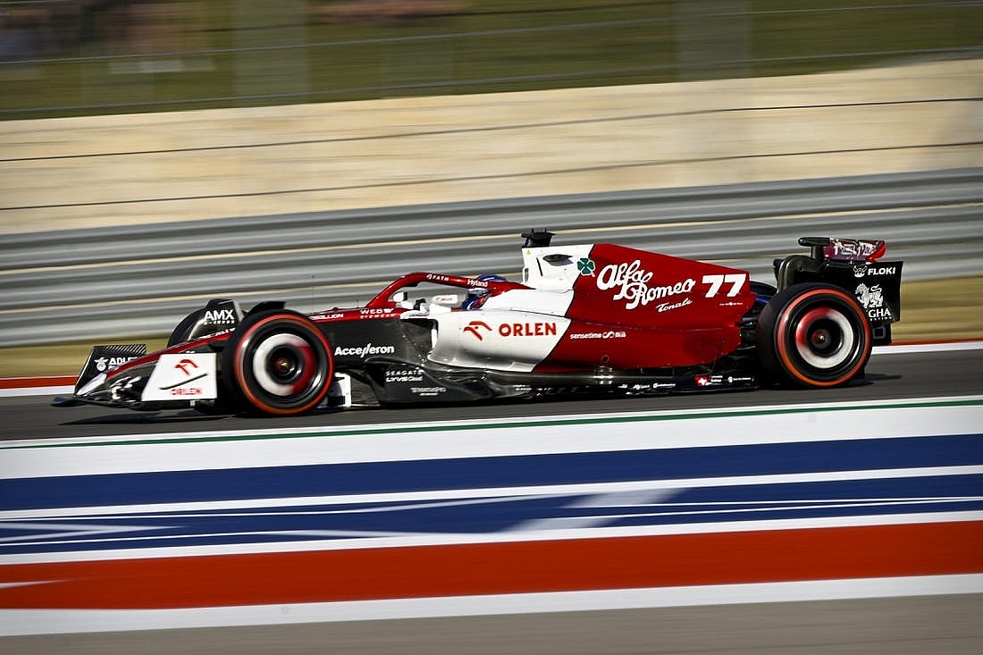Oct 22, 2022; Austin, Texas, USA; Alfa Romeo F1 Team ORLEN driver Valtteri Bottas (77) of Team Finland drives during qualifying for the U.S. Grand Prix at Circuit of the Americas. Mandatory Credit: Jerome Miron-USA TODAY Sports