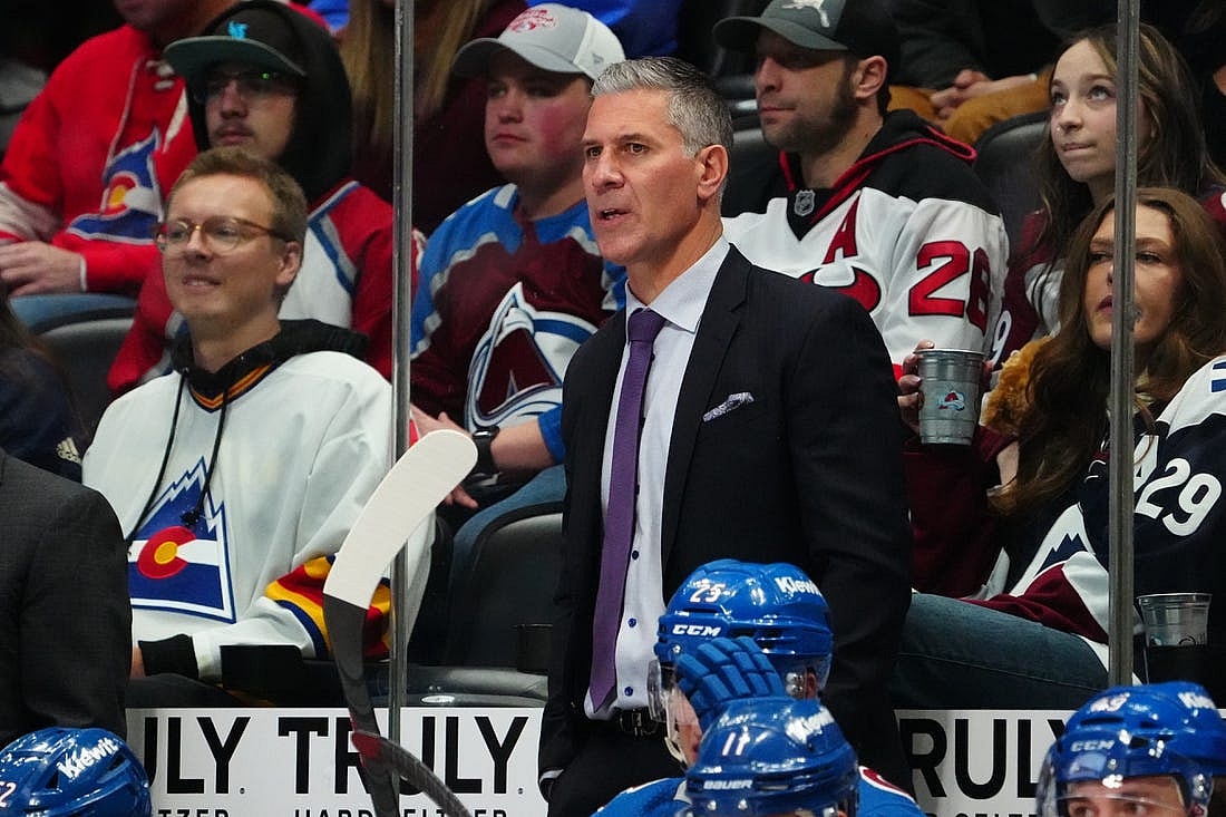 Mar 1, 2023; Denver, Colorado, USA; Colorado Avalanche head coach Jared Bednar during the first period against the New Jersey Devils at Ball Arena. Mandatory Credit: Ron Chenoy-USA TODAY Sports