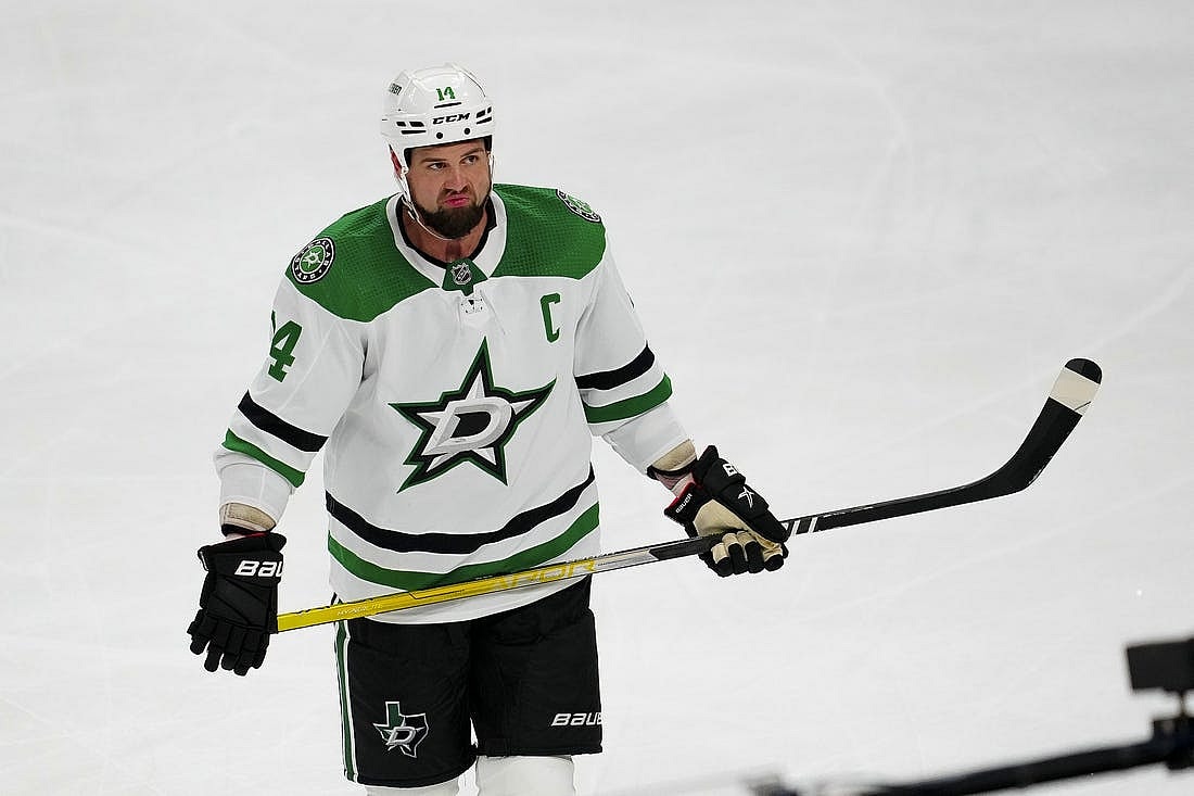May 21, 2023; Las Vegas, Nevada, USA; Dallas Stars left wing Jamie Benn (14) waits for play to resume against the Vegas Golden Knights during the third period in game two of the Western Conference Finals of the 2023 Stanley Cup Playoffs at T-Mobile Arena. Mandatory Credit: Stephen R. Sylvanie-USA TODAY Sports