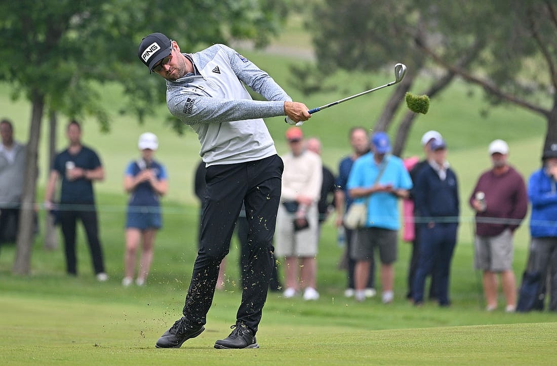 Jun 8, 2023; Toronto, ON, CAN; Corey Conners plays a fairway shot on the eighth hole during the first round of the RBC Canadian Open golf tournament. Mandatory Credit: Dan Hamilton-USA TODAY Sports