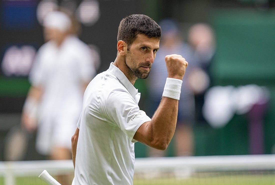 Jul 11, 2023; London, United Kingdom; Novak Djokovic (SRB) reacts to a point during his match against Andrey Rublev on day nine at the All England Lawn Tennis and Croquet Club. Mandatory Credit: Susan Mullane-USA TODAY Sports 