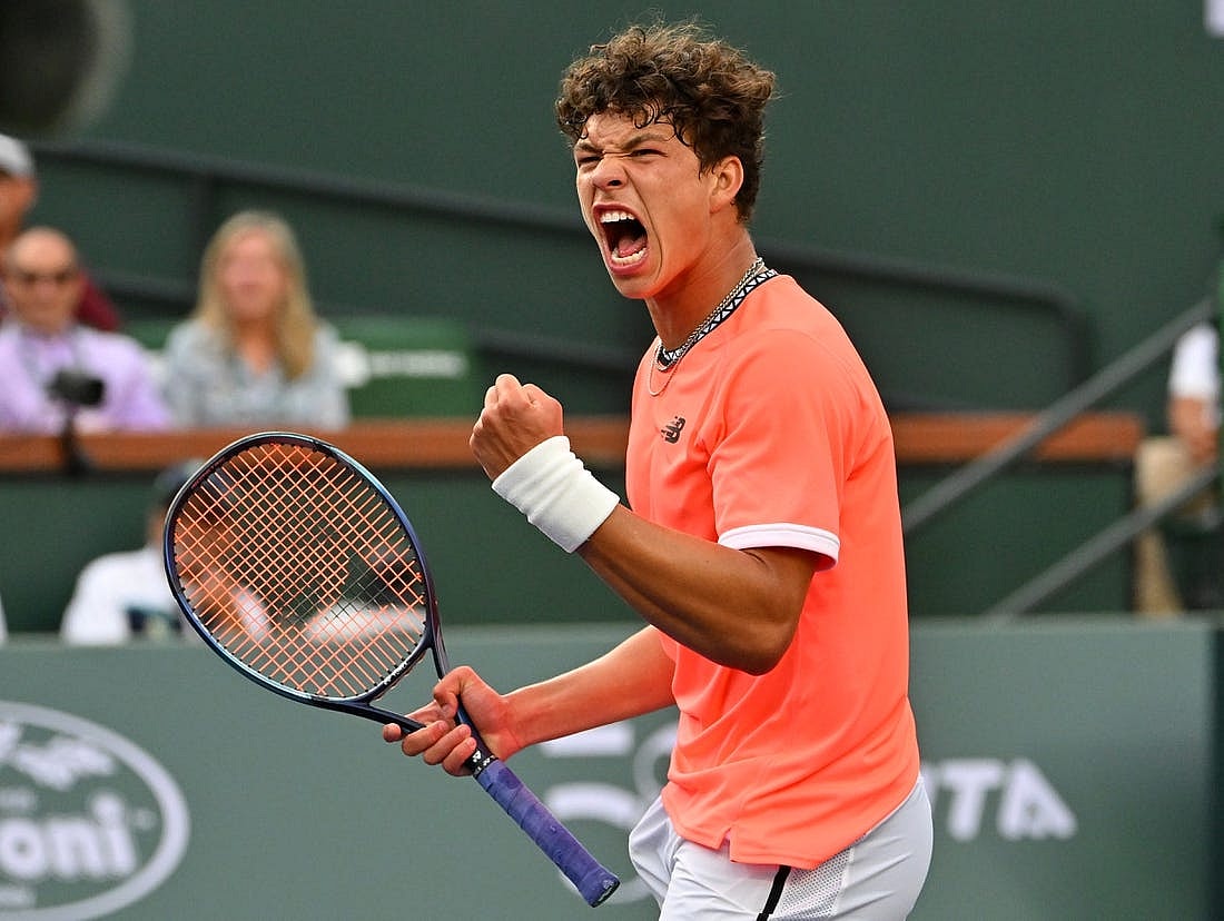 Mar 11, 2023; Indian Wells, CA, USA;  Ben Shelton (USA) reacts after a winning shot in his second round match against Taylor Fritz (USA) in the BNP Paribas Open at the Indian Wells Tennis Garden. Mandatory Credit: Jayne Kamin-Oncea-USA TODAY Sports