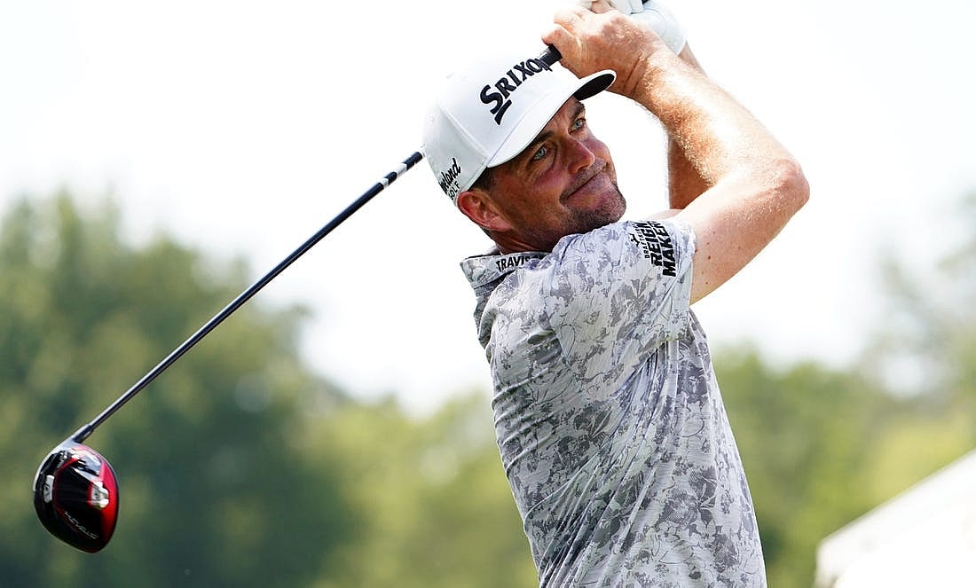 Aug 26, 2023; Atlanta, Georgia, USA; Keegan Bradley plays his shot from the fourth tee during the third round of the TOUR Championship golf tournament at East Lake Golf Club. Mandatory Credit: John David Mercer-USA TODAY Sports