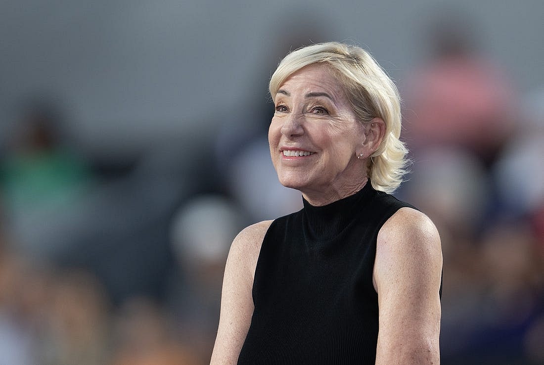 Nov 6, 2023; Cancun, Mexico; Chris Evert at the trophy presentation on day nine of the GNP Saguaros WTA Finals Cancun. Mandatory Credit: Susan Mullane-USA TODAY Sports