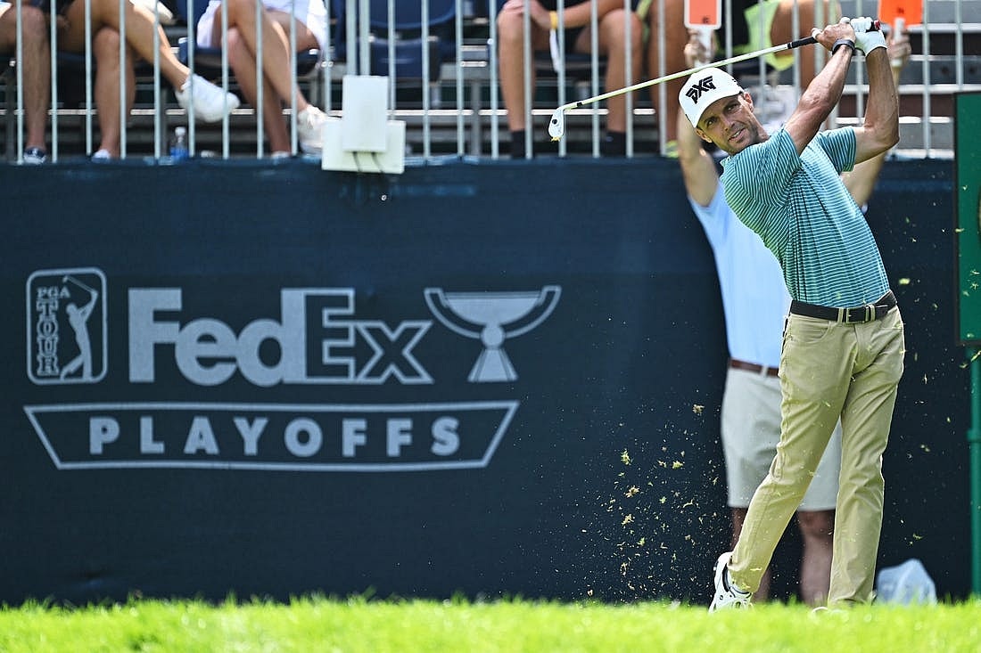 Aug 18, 2023; Olympia Fields, Illinois, USA; Eric Cole tees off from the 16th tee during the second round of the BMW Championship golf tournament. Mandatory Credit: Jamie Sabau-USA TODAY Sports