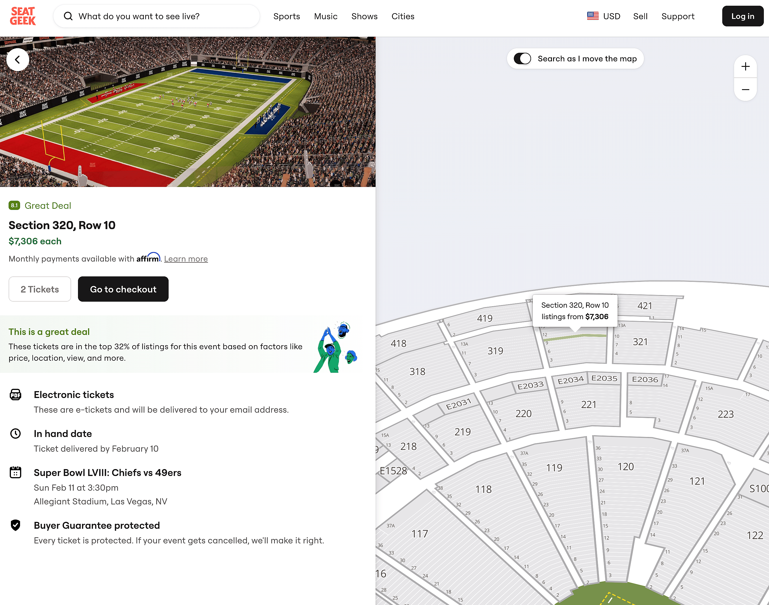 Screenshot of SeatGeek tickets for Super Bowl LVIII