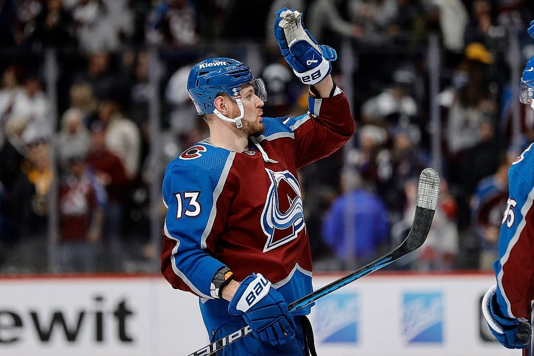Jan 8, 2024; Denver, Colorado, USA; Colorado Avalanche right wing Valeri Nichushkin (13) celebrates after the game against the Boston Bruins at Ball Arena. Mandatory Credit: Isaiah J. Downing-USA TODAY Sports