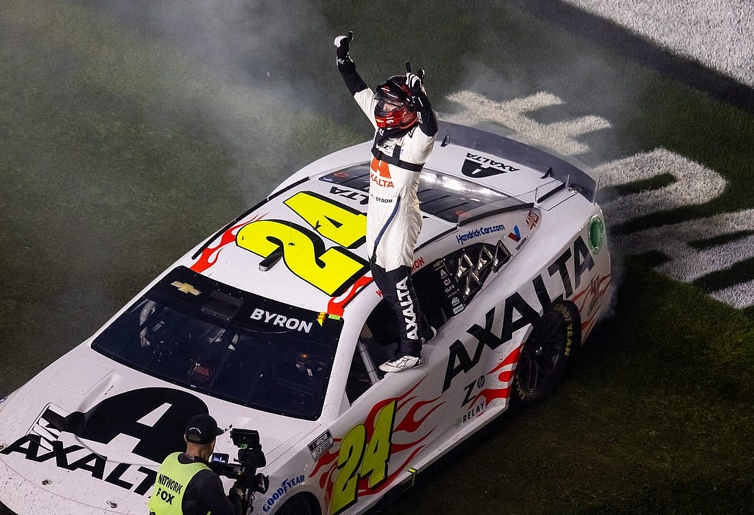 Feb 19, 2024; Daytona Beach, Florida, USA; NASCAR Cup Series driver William Byron (24) celebrates after winning the Daytona 500 at Daytona International Speedway. Mandatory Credit: Mark J. Rebilas-USA TODAY Sports