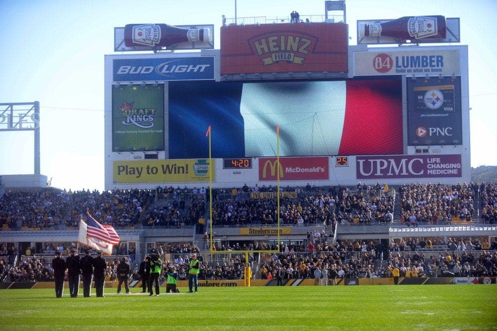 Nov 15, 2015; Pittsburgh, PA, USA; A moment of silence for the victims of a terror attack in France.