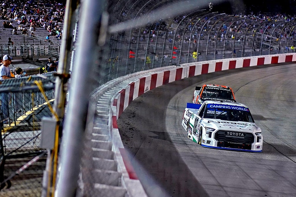 Aug 13, 2022; Richmond, Virginia, USA; NASCAR Gander RV and Outdoors Truck Series driver Chandler Smith (18) during the Truck Series Worldwide Express 250 at Richmond International Raceway. Mandatory Credit: Peter Casey-USA TODAY Sports