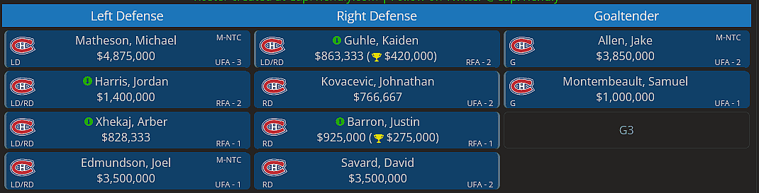 Canadiens defence and goalie projected