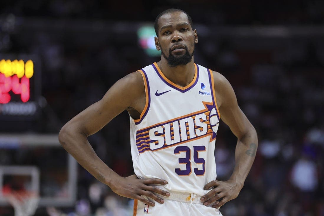 Jan 29, 2024; Miami, Florida, USA; Phoenix Suns forward Kevin Durant (35) looks on against the Miami Heat during the fourth quarter at Kaseya Center. Mandatory Credit: Sam Navarro-USA TODAY Sports
