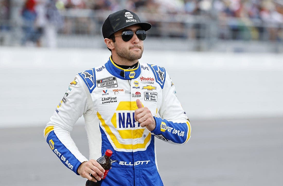 Feb 19, 2023; Daytona Beach, Florida, USA; NASCAR Cup Series driver Chase Elliott (9) during driver introductions before the start of the Daytona 500 at Daytona International Speedway. Mandatory Credit: Mike Dinovo-USA TODAY Sports