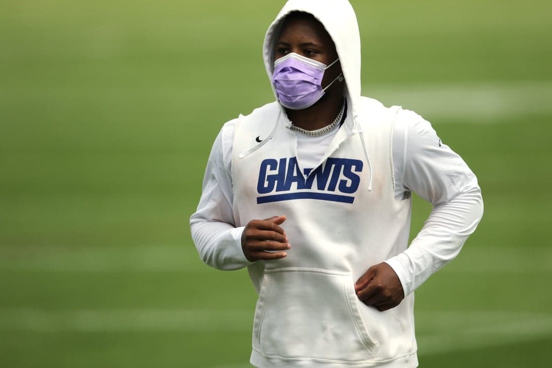 Running back Saquon Barkley jogs off the field at the end of Giants practice, in East Rutherford. Wednesday, July 28, 2021Giants