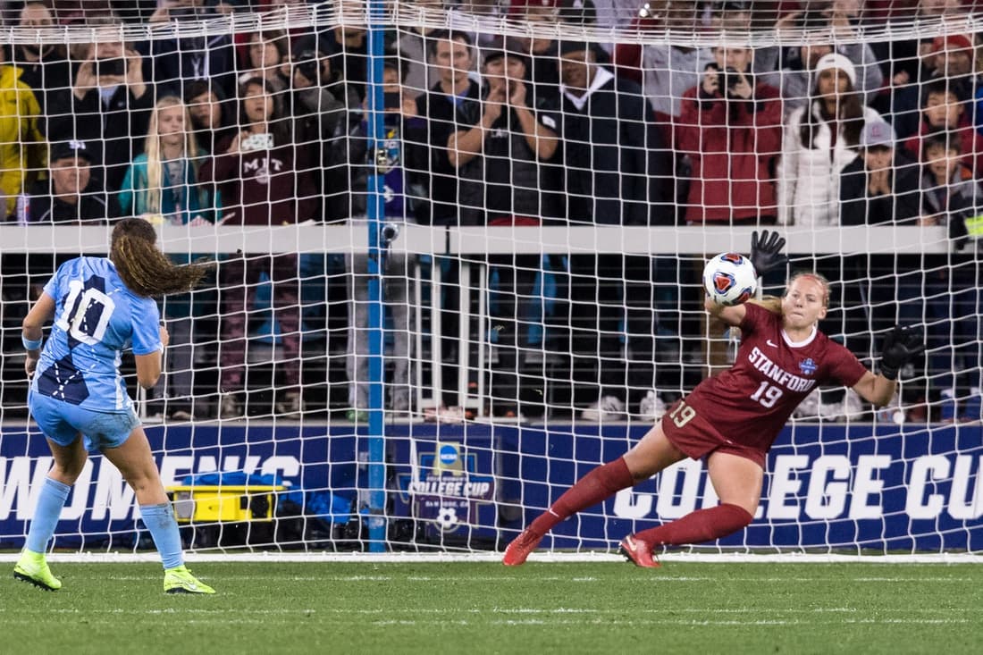 Dec 8, 2019; San Jose, CA, USA; Stanford Cardinal goalkeeper Katie Meyer (19) dives for a penalty kick by North Carolina Tar Heels forward/Midfielder Rachel Jones (10) in the College Cup championship match at Avaya Stadium. Mandatory Credit: John Hefti-USA TODAY Sports