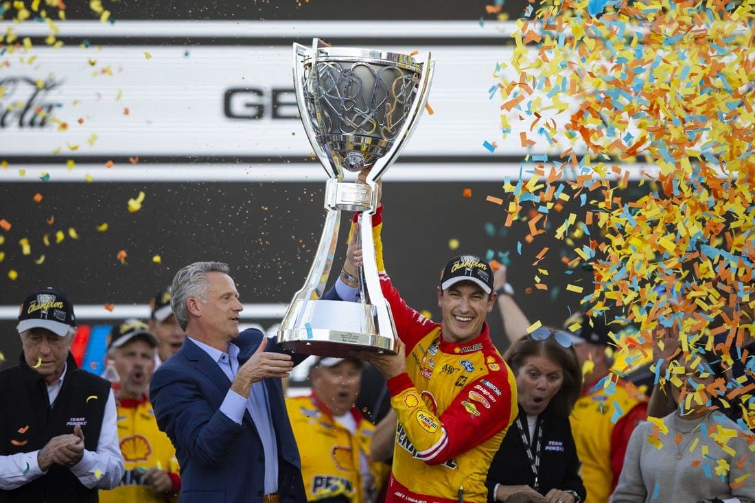 Nov 6, 2022; Avondale, Arizona, USA; NASCAR Cup Series driver Joey Logano celebrates after winning the Cup Championship at Phoenix Raceway. Mandatory Credit: Mark J. Rebilas-USA TODAY Sports