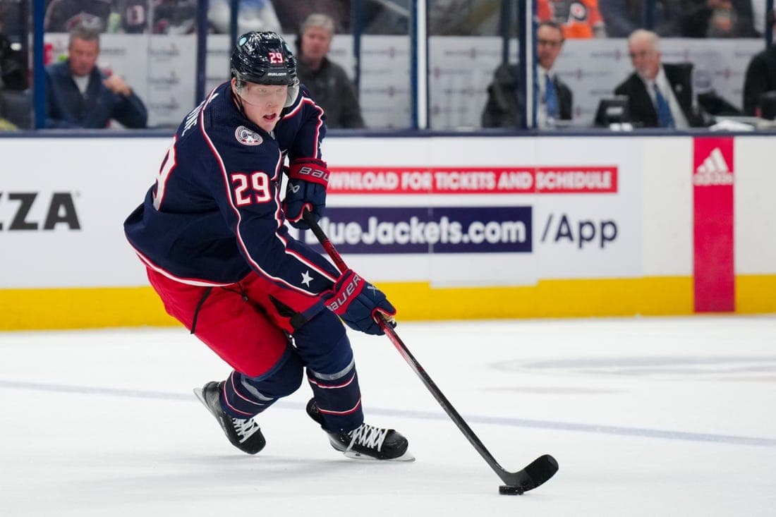 Oct 12, 2023; Columbus, Ohio, USA; Columbus Blue Jackets right wing Patrik Laine (29) skates with the puck against the Philadelphia Flyers in the first period at Nationwide Arena. Mandatory Credit: Aaron Doster-USA TODAY Sports