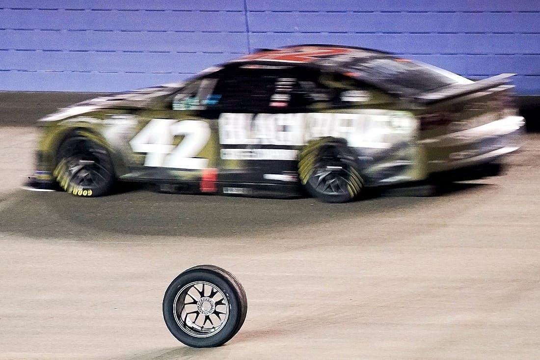 A tire that came off of NASCAR Cup Series driver Chris Buescher (17) rolls down the track during the Ally 400 at the Nashville Superspeedway in Lebanon, Tenn., Sunday, June 26, 2022.
Nascar 062622 An 048