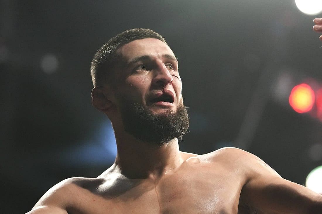 Apr 9, 2022; Jacksonville, Florida, USA; Khamzat Chimaev (blue gloves) after a fight against Gilbert Burns (red gloves) during UFC 273 at VyStar Veterans Memorial Arena. Mandatory Credit: David Yeazell-USA TODAY Sports