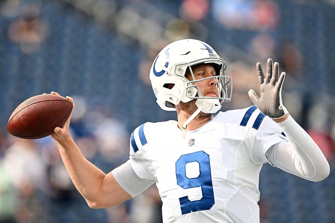 Nov 6, 2022; Foxborough, Massachusetts, USA; Indianapolis Colts quarterback Nick Foles (9) thows the ball during warmups before a game against the New England Patriots at Gillette Stadium. Mandatory Credit: Brian Fluharty-USA TODAY Sports