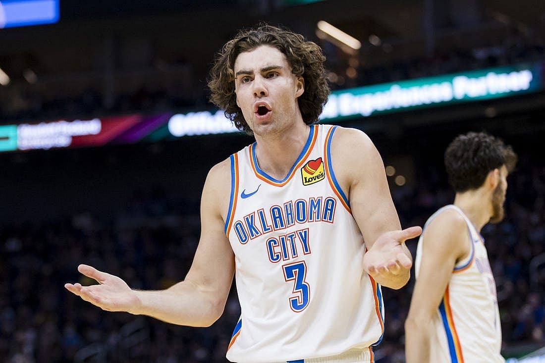 Nov 18, 2023; San Francisco, California, USA; Oklahoma City Thunder guard Josh Giddey (3) reacts after a foul is called in favor of the Golden State Warriors during the second half at Chase Center. Mandatory Credit: John Hefti-USA TODAY Sports