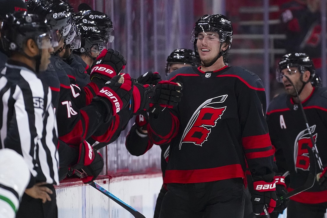 Apr 3, 2021; Raleigh, North Carolina, USA;  Carolina Hurricanes defenseman Haydn Fleury (4) celebrates after scoring a second period goal against the Dallas Stars at PNC Arena. Mandatory Credit: James Guillory-USA TODAY Sports