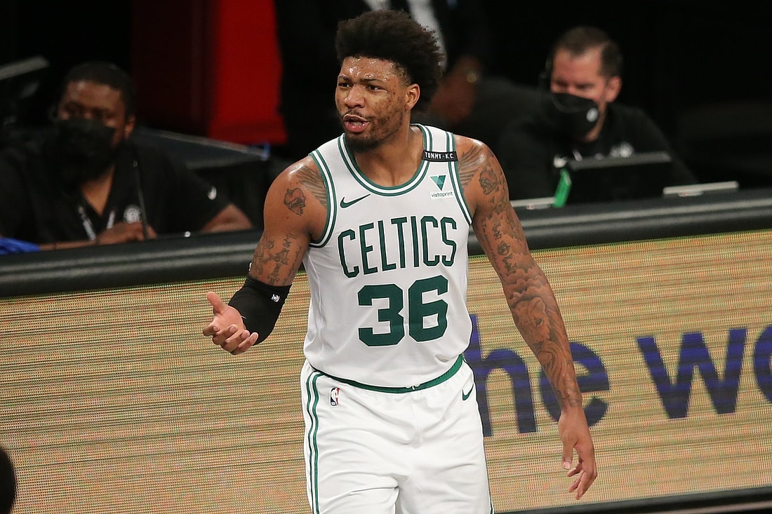 Jun 1, 2021; Brooklyn, New York, USA; Boston Celtics point guard Marcus Smart (36) reacts after being called for a foul during the second quarter of game five of the first round of the 2021 NBA Playoffs against the Brooklyn Nets at Barclays Center. Mandatory Credit: Brad Penner-USA TODAY Sports