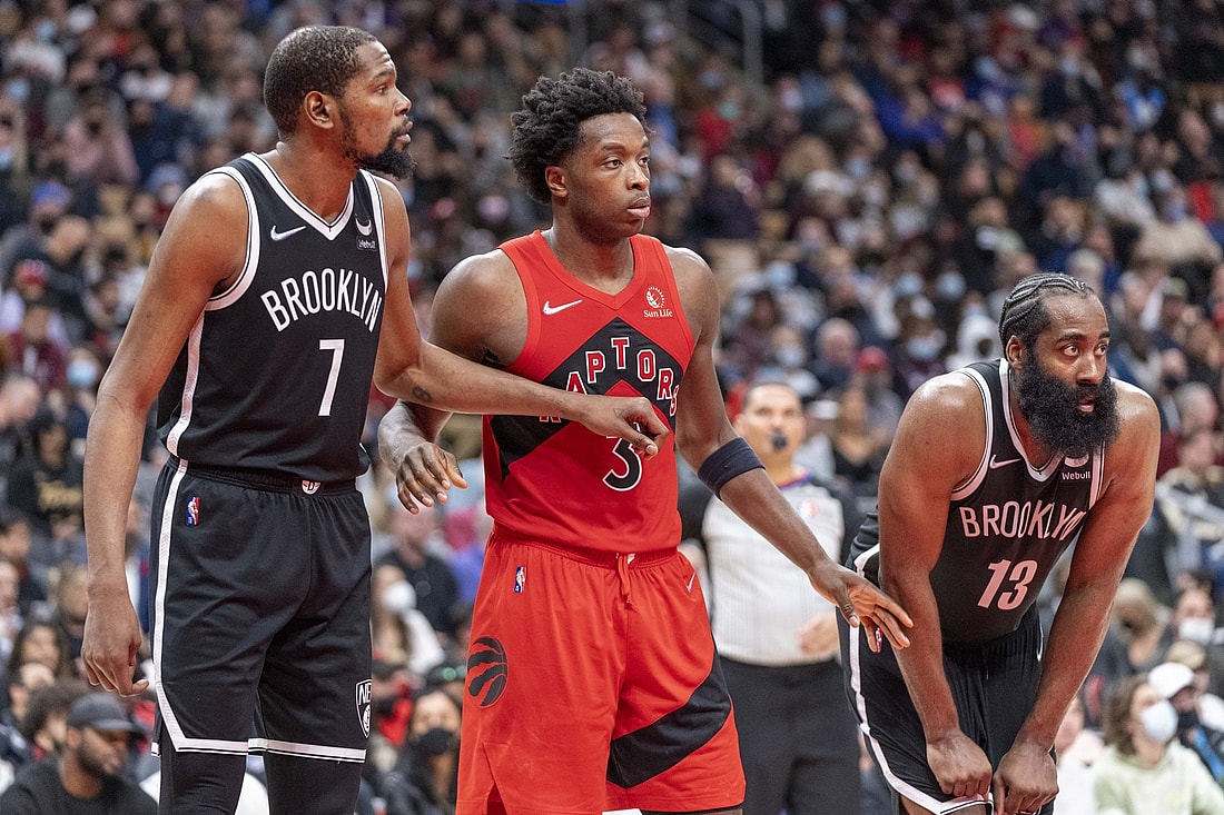 Nov 7, 2021; Toronto, Ontario, CAN; Brooklyn Nets forward Kevin Durant (7) lines up for a foul shot against Toronto Raptors forward OG Anunoby (3) during the second half at Scotiabank Arena. Mandatory Credit: Kevin Sousa-USA TODAY Sports