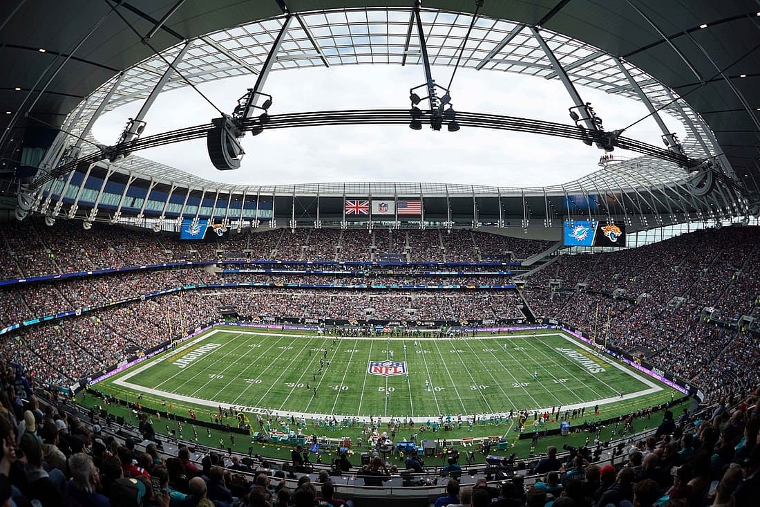 Oct 17, 2021; London, England, United Kingdom; A general overall view of the opening kickoff of the NFL International Series game between the Miami Dolphins and the Jacksonville Jaguars at Tottenham Hotspur Stadium. The Jaguars defeated the Dolphins 23-20. Mandatory Credit: Kirby Lee-USA TODAY Sports