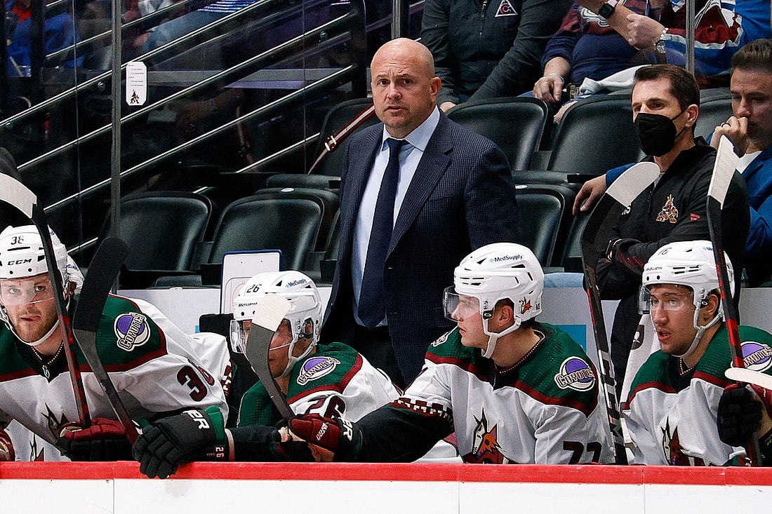 Jan 14, 2022; Denver, Colorado, USA; Arizona Coyotes head coach Andre Tourigny looks on in the second period against the Colorado Avalanche at Ball Arena. Mandatory Credit: Isaiah J. Downing-USA TODAY Sports