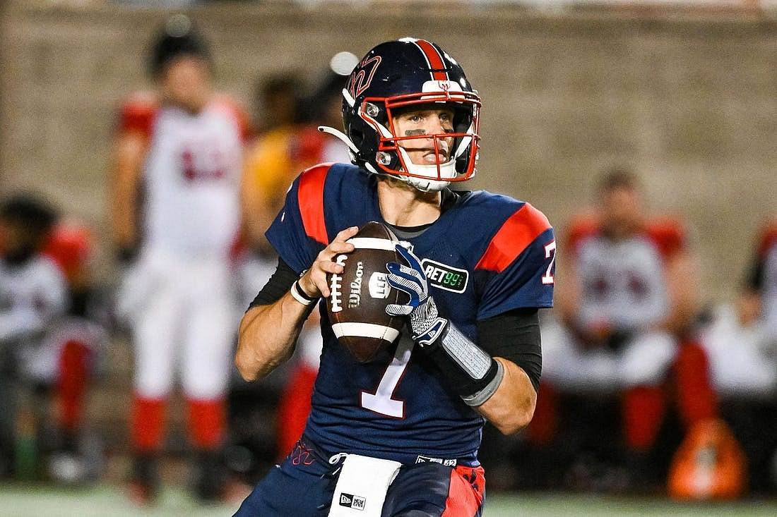 Sep 2, 2022; Montreal, Quebec, CAN; Montreal Alouettes quarterback Trevor Harris (7) against the Ottawa Redblacks during the second quarter at Percival Molson Memorial Stadium. Mandatory Credit: David Kirouac-USA TODAY Sports