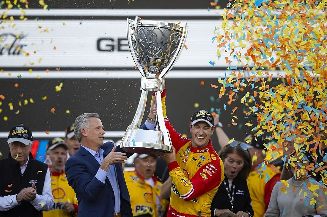 Nov 6, 2022; Avondale, Arizona, USA; NASCAR Cup Series driver Joey Logano celebrates after winning the Cup Championship at Phoenix Raceway. Mandatory Credit: Mark J. Rebilas-USA TODAY Sports