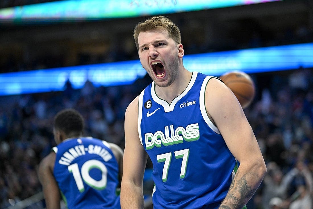 Nov 12, 2022; Dallas, Texas, USA; Dallas Mavericks guard Luka Doncic (77) reacts to making a basket against the Portland Trail Blazers during the second half at the American Airlines Center. Mandatory Credit: Jerome Miron-USA TODAY Sports