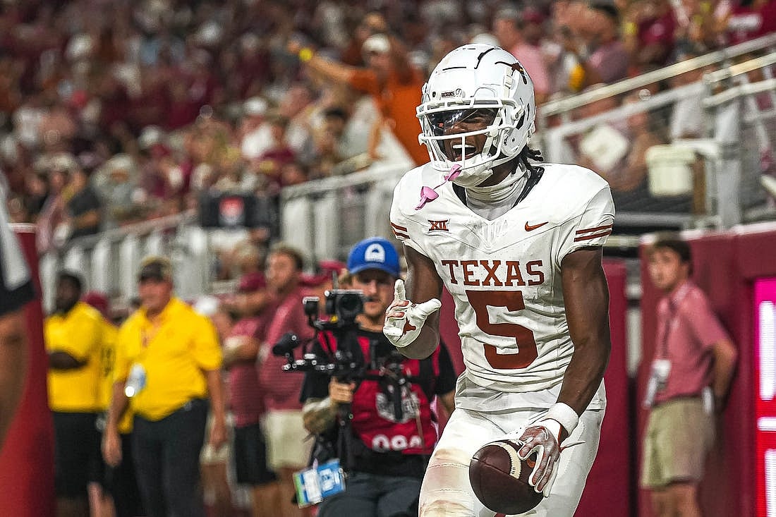 Sep. 9, 2023; Tuscaloosa, Alabama; Texas Longhorns wide receiver Adonai Mitchell (5) celebrates a touchdown against Alabama at Bryant-Denny Stadium on Saturday, Sep. 9, 2023 in Tuscaloosa, Alabama. Mandatory Credit: Aaron E. Martinez-USA TODAY NETWORK