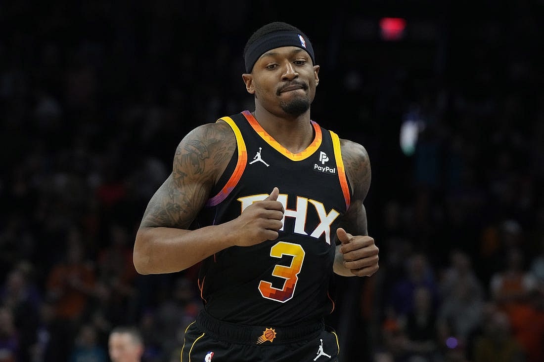 Dec 15, 2023; Phoenix, Arizona, USA; Phoenix Suns guard Bradley Beal (3) reacts after scoring against the New York Knicks in the first half at Footprint Center. Mandatory Credit: Rick Scuteri-USA TODAY Sports