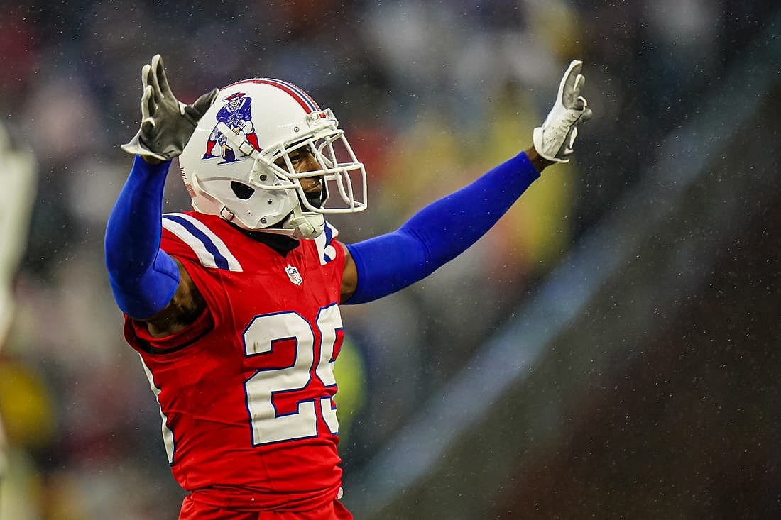 Dec 3, 2023; Foxborough, Massachusetts, USA; New England Patriots cornerback J.C. Jackson (29) reacts after his play against the Los Angeles Chargers in the second half at Gillette Stadium. Mandatory Credit: David Butler II-USA TODAY Sports