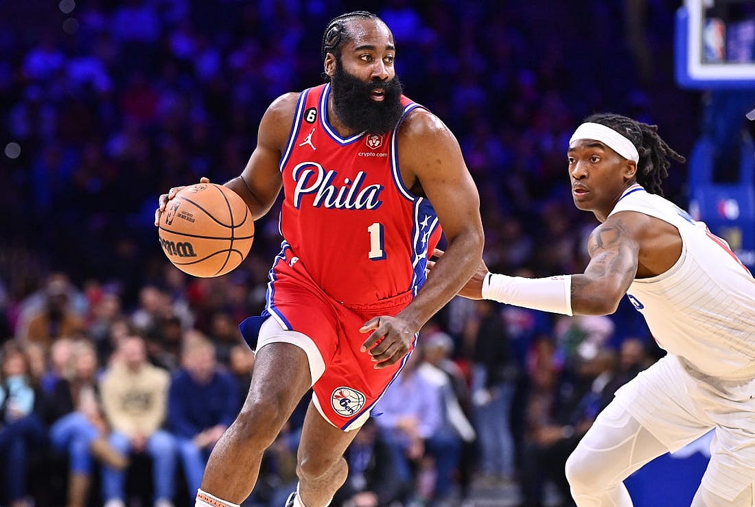 Dec 23, 2022; Philadelphia, Pennsylvania, USA; Philadelphia 76ers guard James Harden (1) drives past Los Angeles Clippers guard Terance Mann (14) in the second quarter at Wells Fargo Center. Mandatory Credit: Kyle Ross-USA TODAY Sports