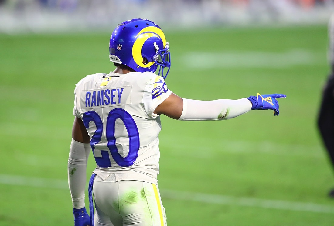 Dec 6, 2020; Glendale, Arizona, USA; Los Angeles Rams cornerback Jalen Ramsey (20) reacts against the Arizona Cardinals at State Farm Stadium. Mandatory Credit: Mark J. Rebilas-USA TODAY Sports