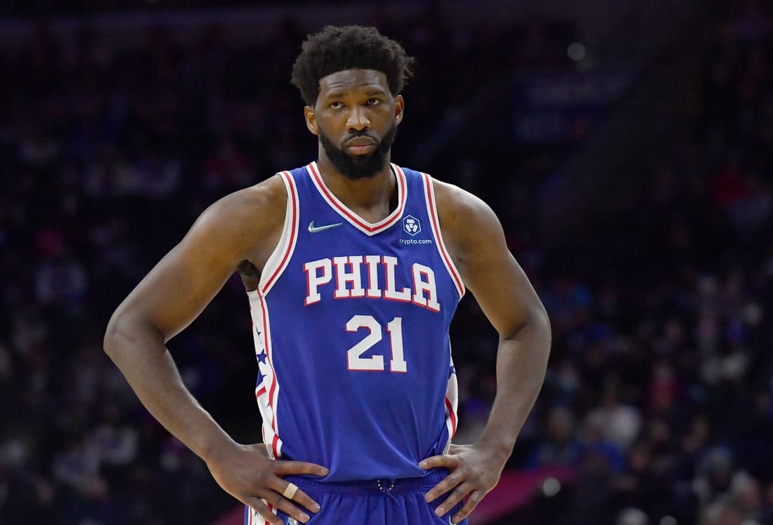 Jan 29, 2022; Philadelphia, Pennsylvania, USA; Philadelphia 76ers center Joel Embiid (21) looks on during the fourth quarter against the Sacramento Kings at Wells Fargo Center. Mandatory Credit: Eric Hartline-USA TODAY Sports