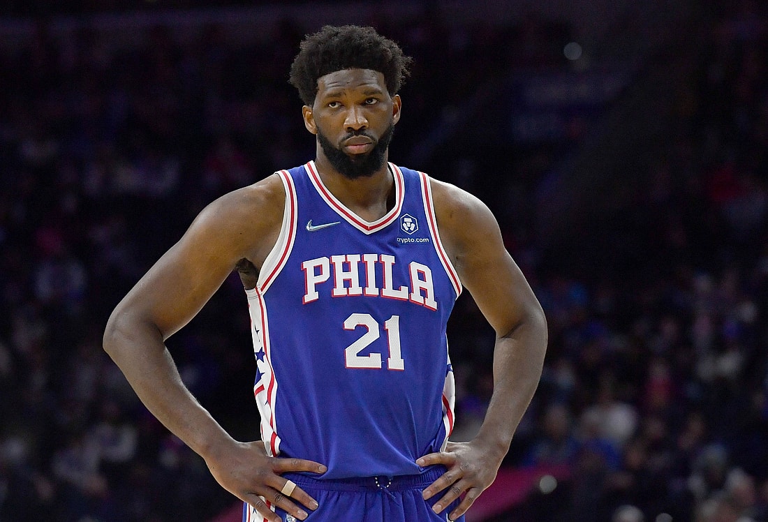 Jan 29, 2022; Philadelphia, Pennsylvania, USA; Philadelphia 76ers center Joel Embiid (21) looks on during the fourth quarter against the Sacramento Kings at Wells Fargo Center. Mandatory Credit: Eric Hartline-USA TODAY Sports