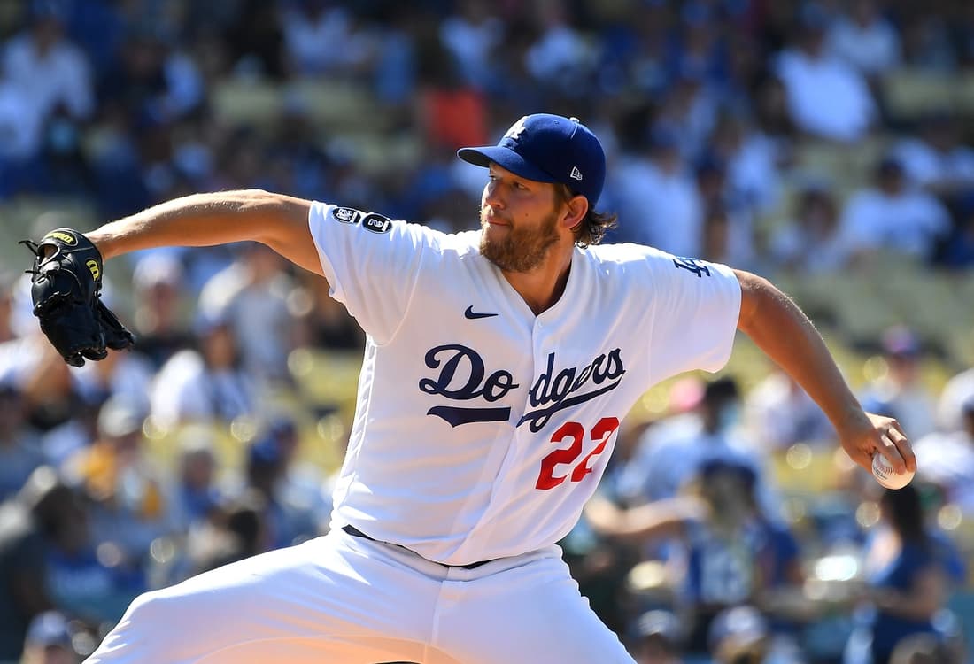 Jun 27, 2021; Los Angeles, California, USA; Los Angeles Dodgers starting pitcher Clayton Kershaw (22) pitches in the first inning of the game against the Chicago Cubs at Dodger Stadium. Mandatory Credit: Jayne Kamin-Oncea-USA TODAY Sports