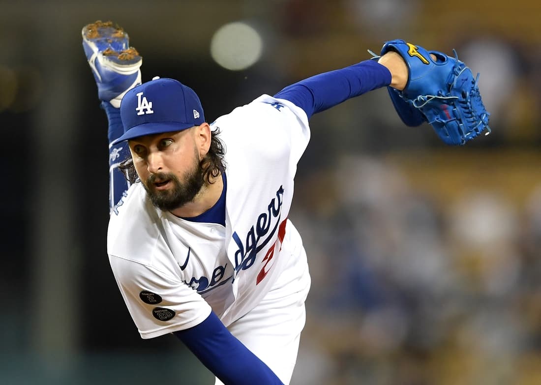 Sep 14, 2021; Los Angeles, California, USA; Los Angeles Dodgers starting pitcher Tony Gonsolin (26) throws against the Arizona Diamondbacks in the first inning at Dodger Stadium. Mandatory Credit: Jayne Kamin-Oncea-USA TODAY Sports