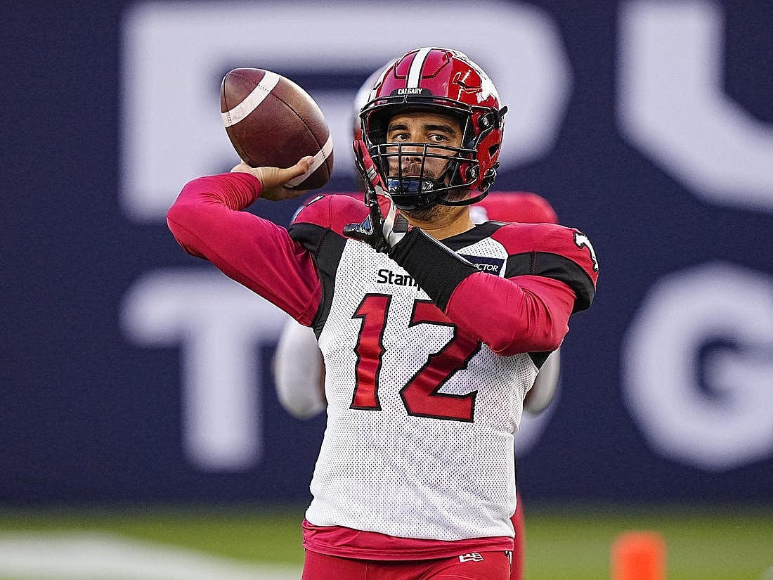 Aug 20, 2022; Toronto, Ontario, CAN; Calgary Stampeders quarterback Jake Maier (12) warms up before a game against the Toronto Argonauts at BMO Field. Mandatory Credit: John E. Sokolowski-USA TODAY Sports