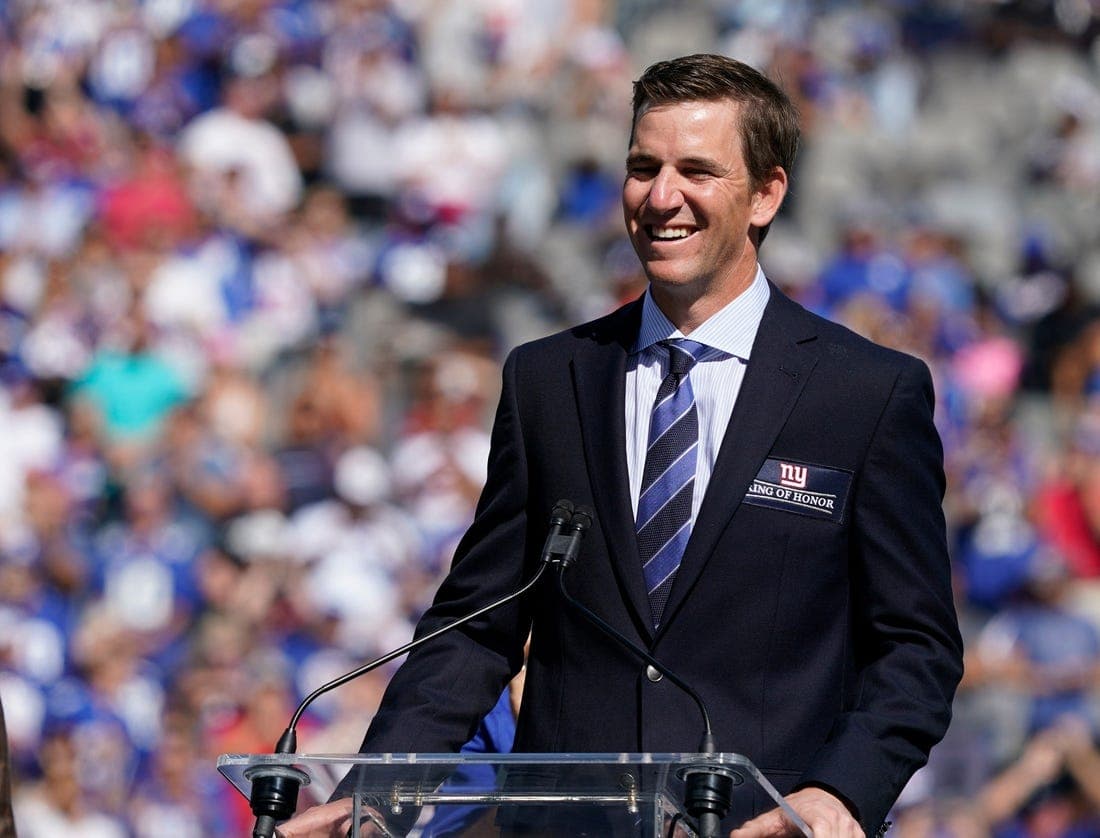 Sep 26, 2021; E. Rutherford, N.J., USA; New York Giants former quarterback Eli Manning is honored at halftime of the game between Atlanta Falcons and the Giants at MetLife Stadium. Mandatory Credit: Robert Deutsch-USA TODAY Sports