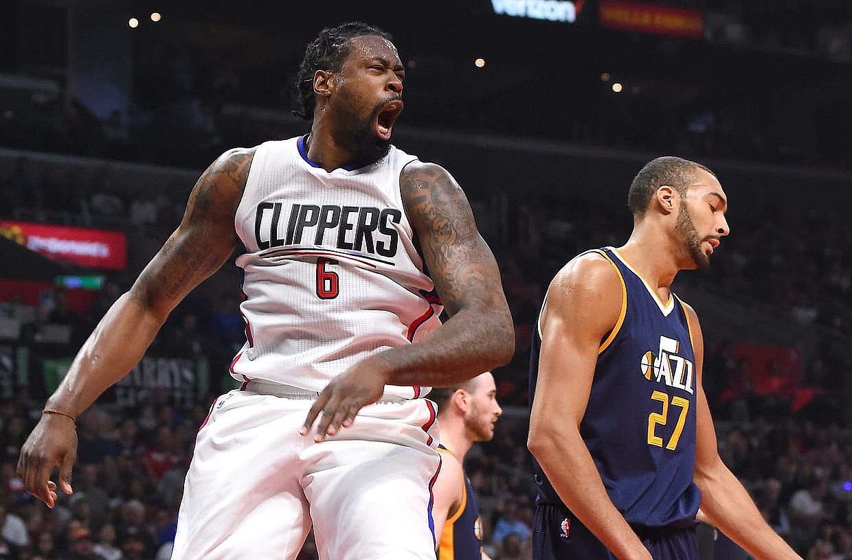 Caption: Mar 25, 2017; Los Angeles, CA, USA; Los Angeles Clippers center DeAndre Jordan (6) reacts after a dunk over Utah Jazz center Rudy Gobert (27) in the first half of the game at Staples Center. Mandatory Credit: Jayne Kamin-Oncea-USA TODAY Sports