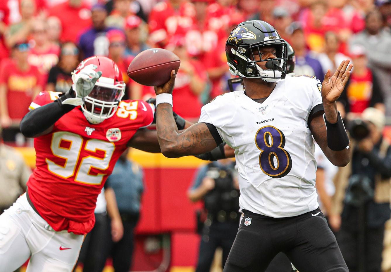 Baltimore Ravens quarterback Lamar Jackson facing the Kansas City Chiefs